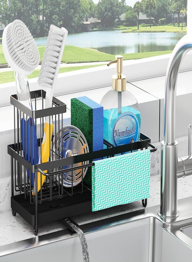 Godboat Sponge Holder for Kitchen Sink - Stainless Steel Sink Caddy Organizer with Towel & Brush Rack, Auto-Drain & 360° Swivel Spout, Bathroom Organizer for Soap Dispenser, Black (9.25" W X 4.1" D) - Image 1
